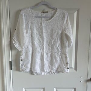 White Embroidered Linen Blend Peasant Top